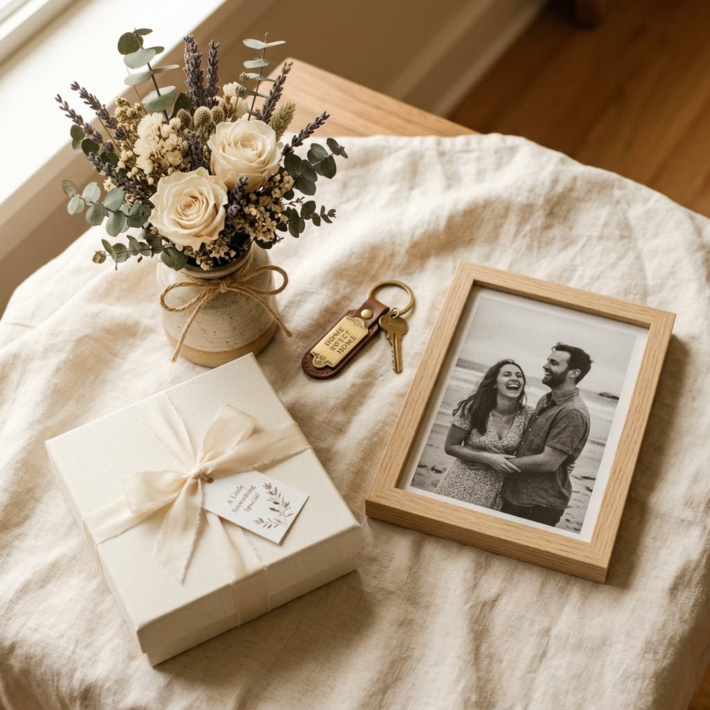A beautiful flatlay of handcrafted PureLuvWrap gifts including a bouquet, keychain, and photo frame